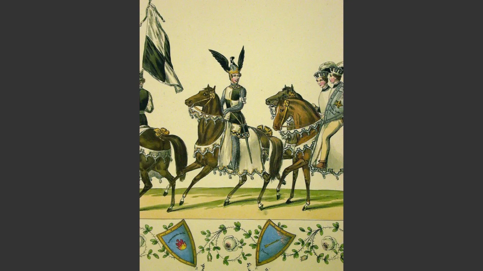 Helm und Schild stammen von Prinz Friedrich Wilhelm Ludwig von Preu?en, dem Anfhrer der siebenten Quadrille. Auf dem Fest repr?sentierte er das Haus ?Hohenzollern. Vor ihm wurde das Hohenzollernsche Pannier getragen, hinter ihm folgten zwei Pagen, von denen einer den Schild trug. Nach den Pagen ritten vier Ritter, zuletzt kamen vier Knappen.