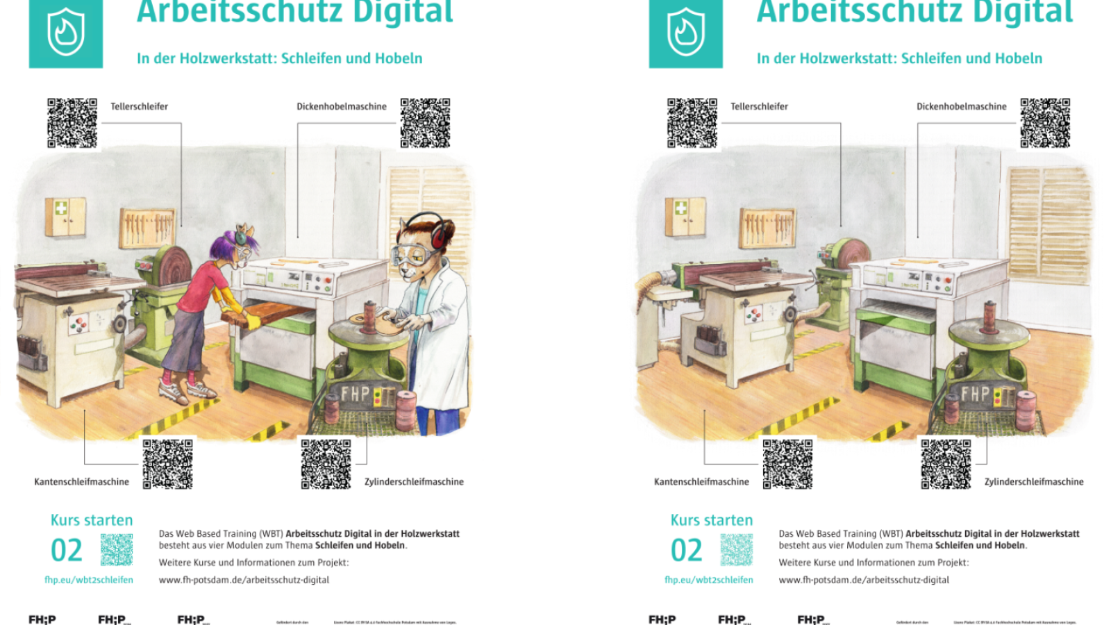 Gegenberstellung der 2 interaktiven Plakatversionen zu den Arbeitschutzthemen Schleifen und Hobeln.