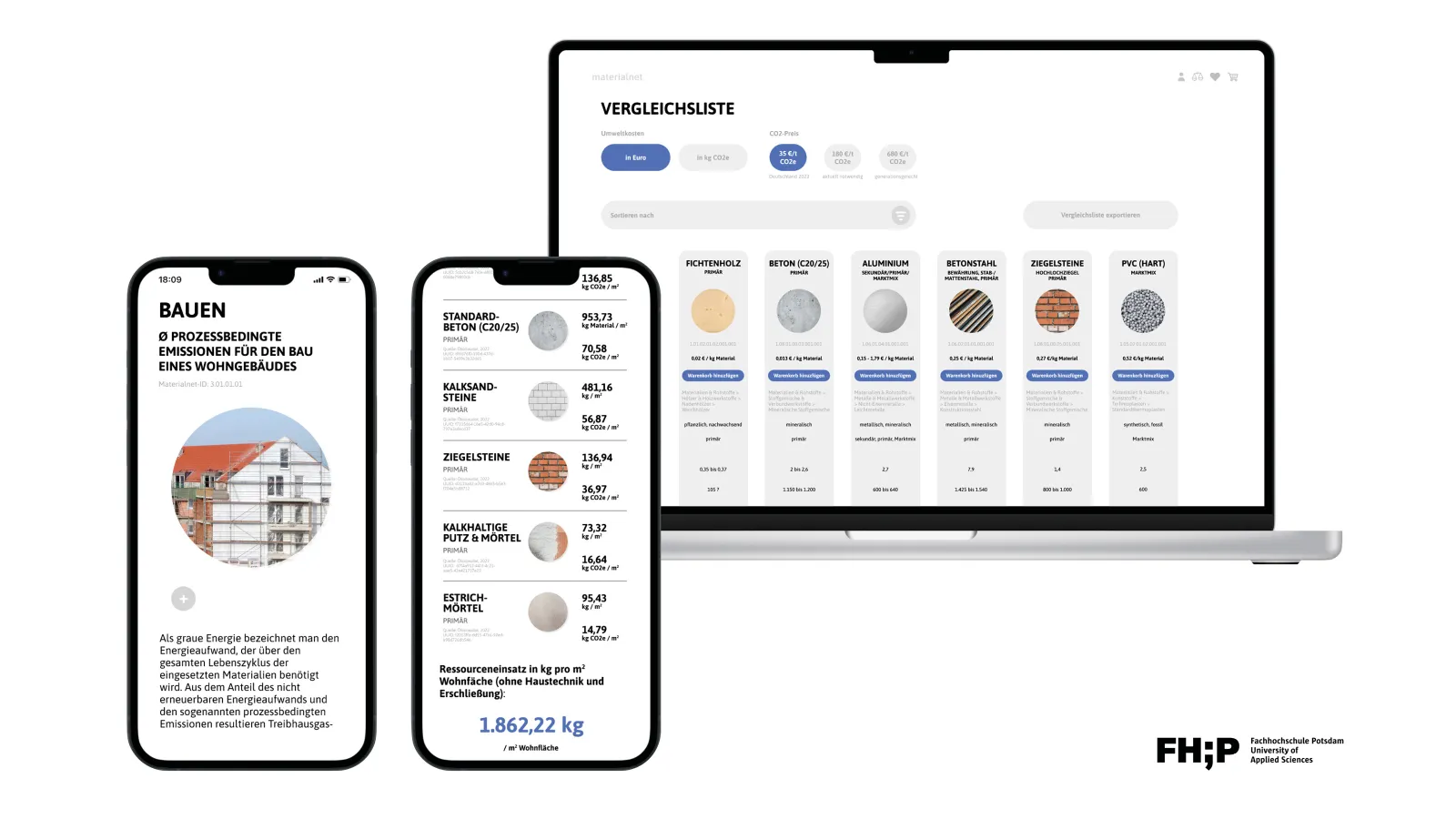 Grafik mit Tablet und Smartphone, auf denen eine Vergleichsliste von Umweltkosten fr verschiedene Materialien zu sehen ist.