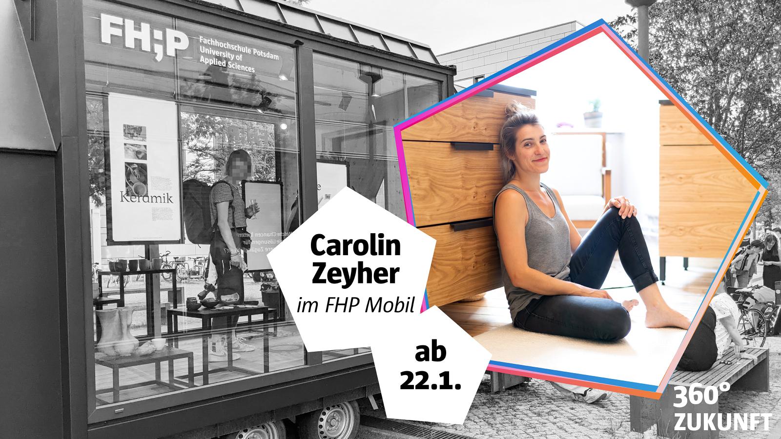 Collage aus dem FHP Mobil in Schwarzwei? und Grnderin Carolin Zeyher als farbiges Portr?tfoto