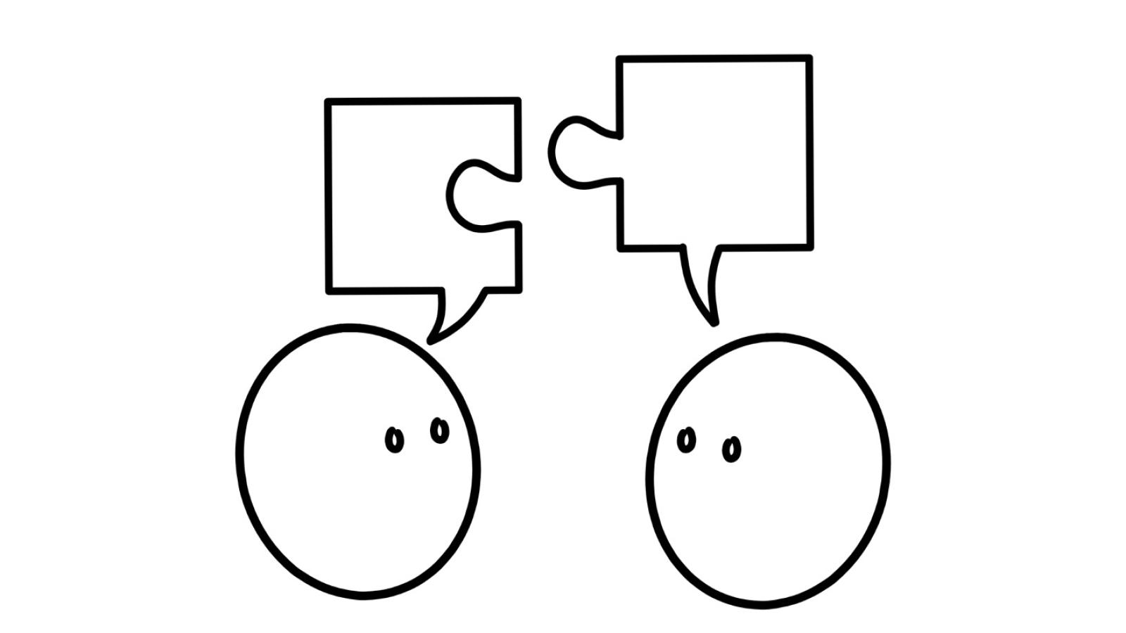 Illustration zeigt zwei symbolhafte K?pfe mit Augen, die sich anschauen und je eine Sprechblase ber dem Kopf haben. Diese Sprechblasen sind geformt wie Puzzleteile, die sich passend zusammensetzen lassen.