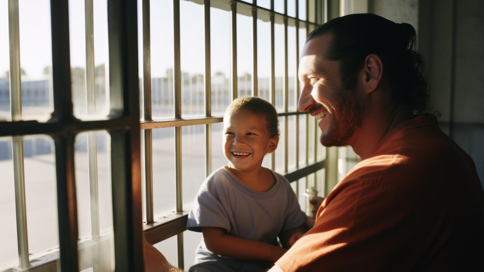 ein Vater im Gef?ngnis mit seinem Kind an einem Fenster
