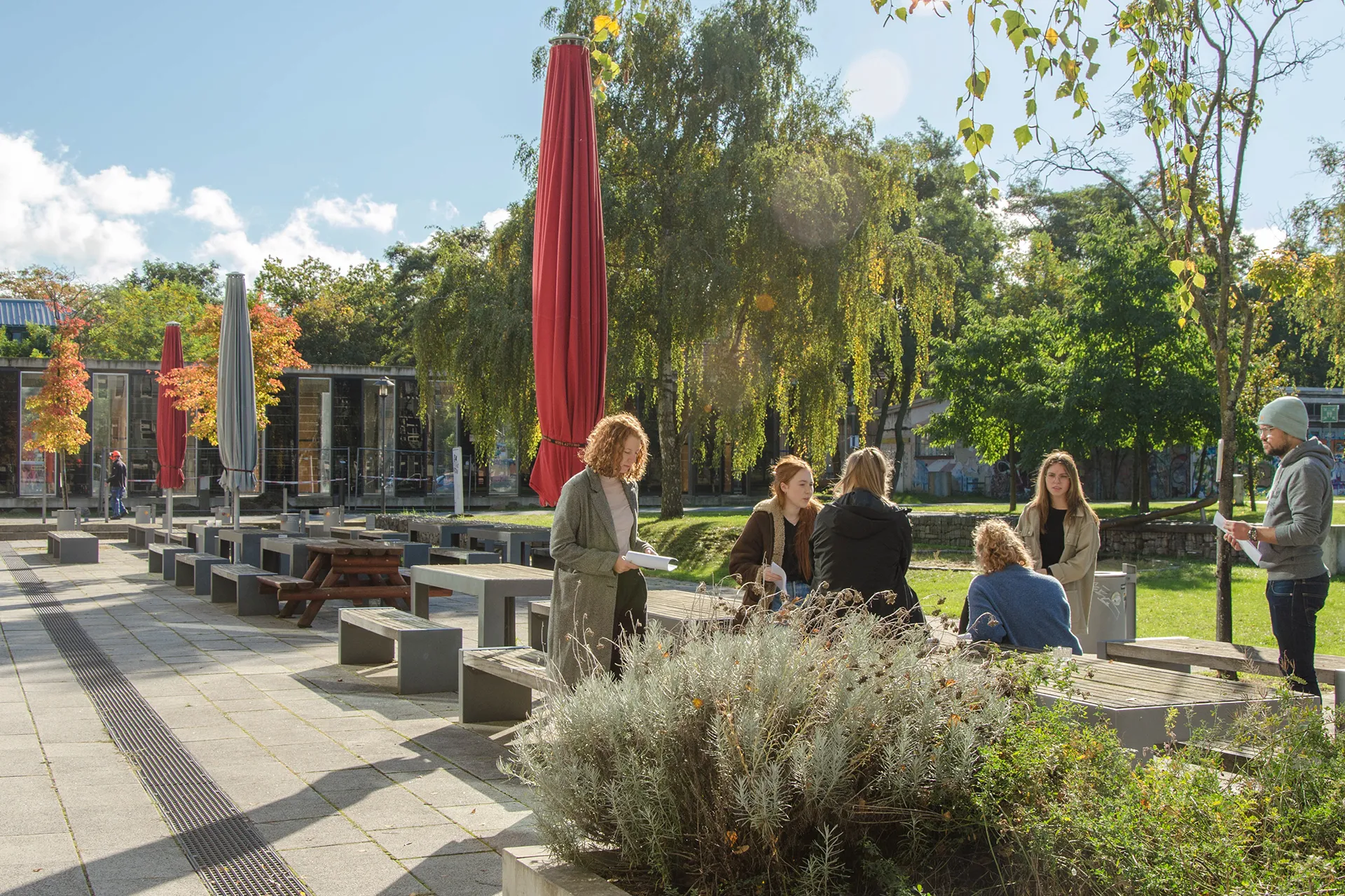 Studierende sind drau?en auf dem Campus