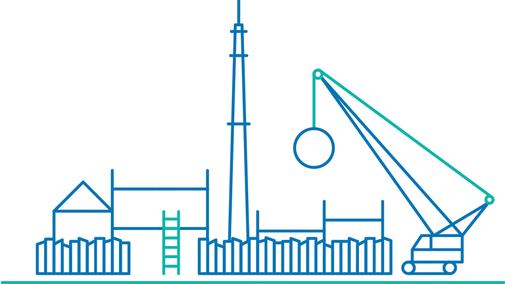 Grafik von Geb?uden, Bauz?unen und Kran mit Abrissbirne