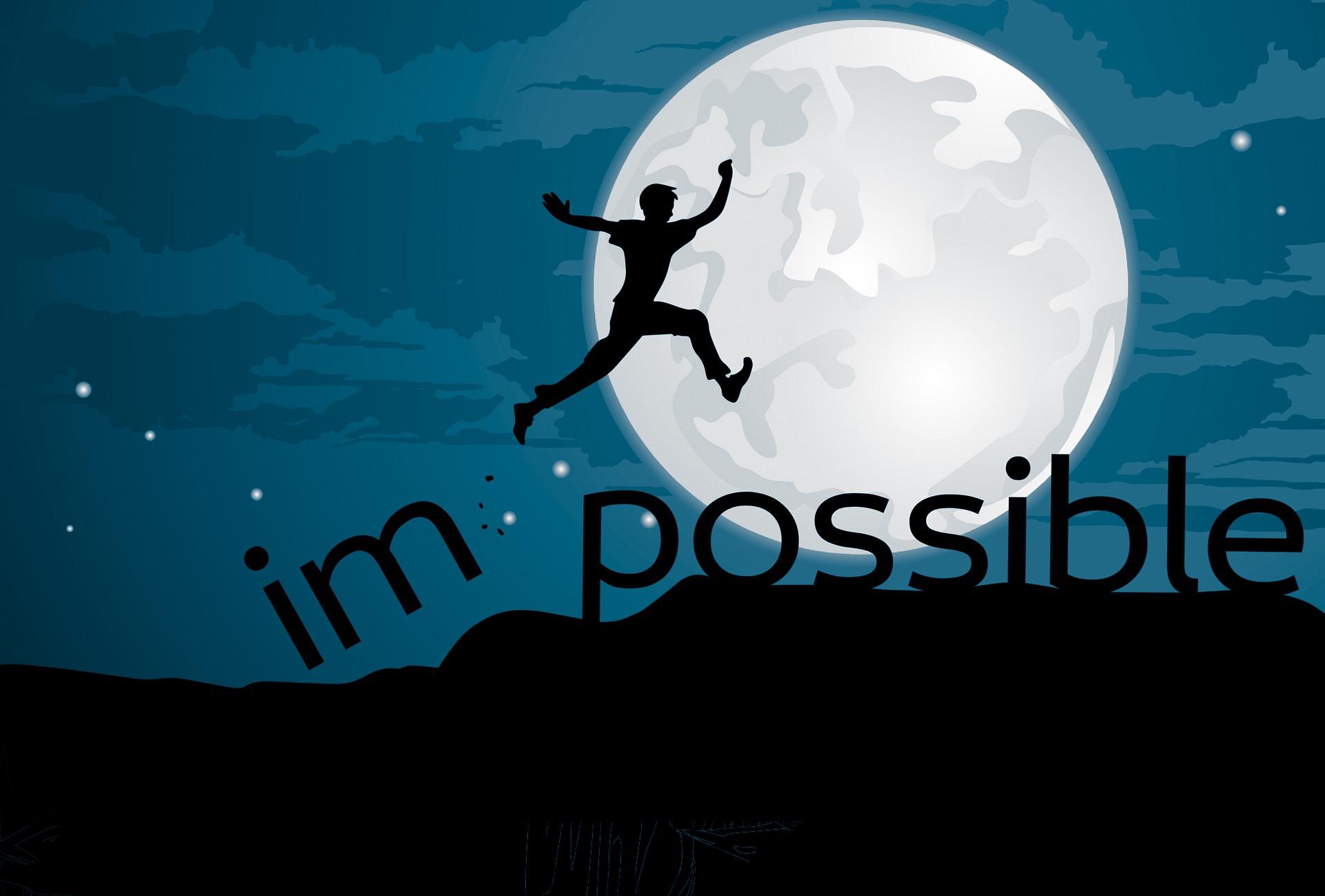 Illustration einer Person die freudig in die Luft springt und dabei das Wort "impossible" zerst?rt, sodass nur "possible" zurckbleibt