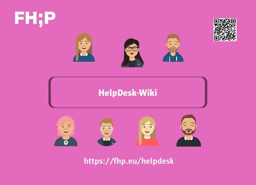 Pinker Flyer fr das HelpDesk-Wiki mit illustrierten Menschen, einem Link und QR-Code