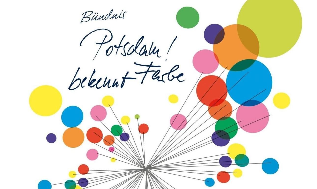 Illustration vieler Luftballons mit Schriftzug: Bndnis Potsdam! bekennt Farbe