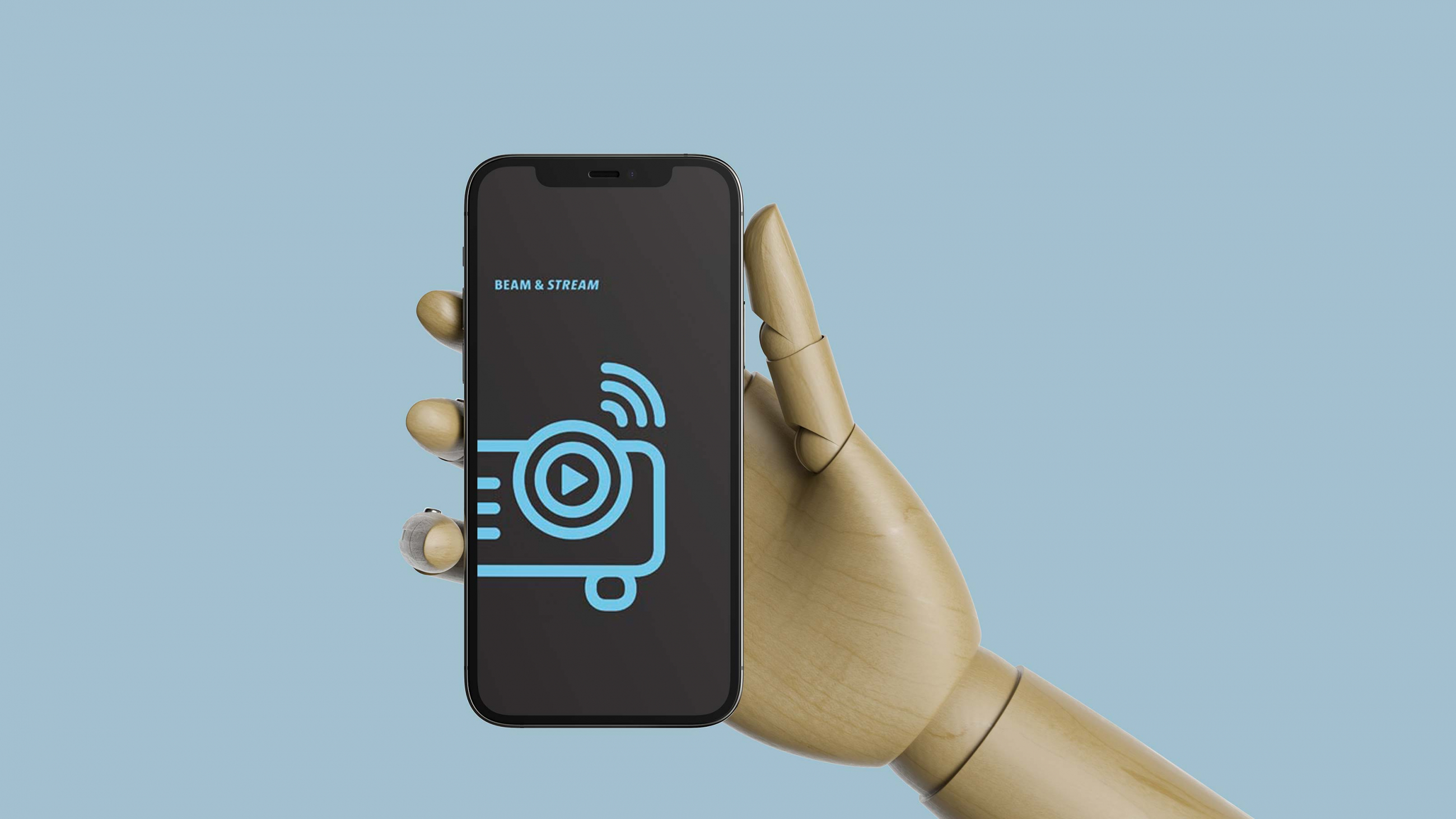 Ein hand h?lt ein mobiles Telefon vor blauem Hintergrund; die Beam & Stream-App ist ge?ffnet