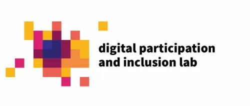 Buntes Logo, bestehend aus stilisierten Pixeln mit dem nebenstehenden Schriftzug "digital Partizipation and Inclusive Lab"